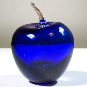 Vintage Blenko Cobalt Blue Glass Apple Paperweight Clear Stem 4” Art Glass USA